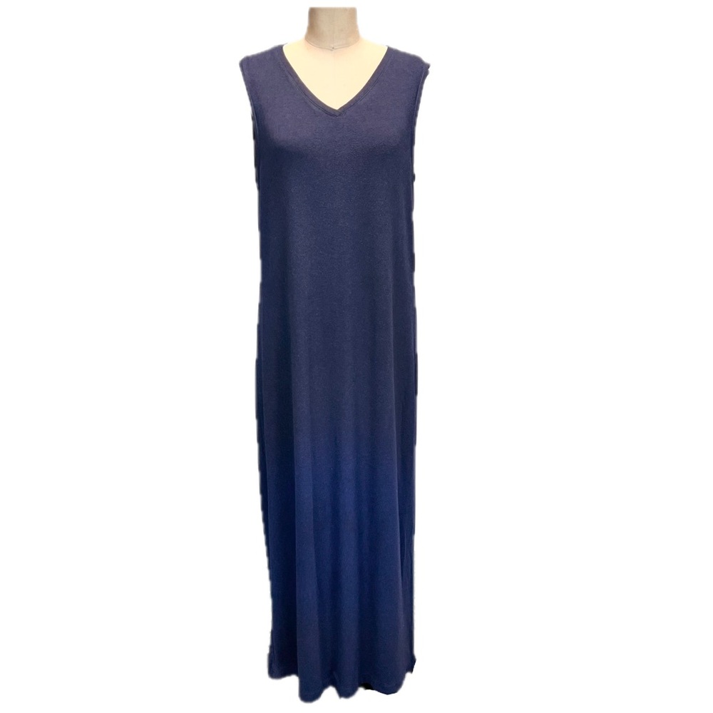 LL Bean indigo long maxi dress sleeveless v neck sundress navy blue stretchy - Picture 3 of 11
